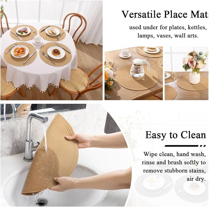 SHACOS 15 inch Round Braided Placemats Set of 4 Cotton Polyester Place Mats Washable Kitchen Dining Table Mats for Dinner Party Table Decor (Camel, 4)