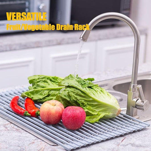 Mistifi Silicone-Coated Stainless Steel Over The Sink Multipurpose Roll-Up Dish Drying Rack, 20.8"X13.2", Heat Resistant Non Slip Dish Draining Rack BPA Free Dishwasher Safe (L, Gray)