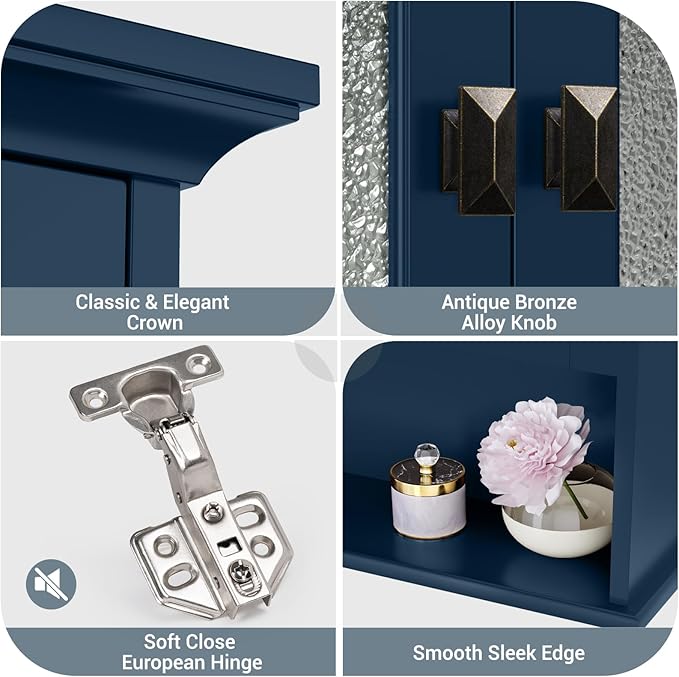 Wall Mount Bathroom Storage Cabinet, Medicine Cabinet with Tempered Glass Door and Buffering Hinge Over Toilet Storage Cabinet Wall Mounted Organizer Above Toilet Storage (Ultramarine)