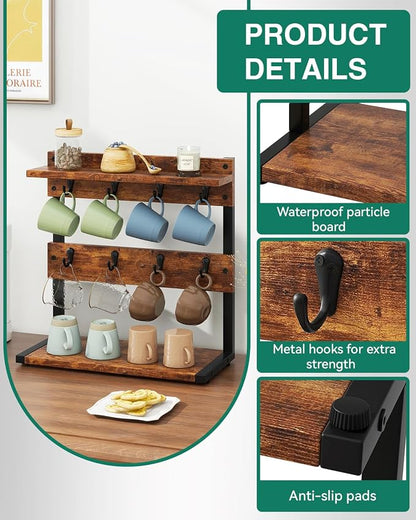 IBUYKE Rustic Coffee Mug Holder Stand, 2 Tier Countertop Mug Tree Holder Rack with Storage Base, Vintage Mug Holders for Kitchen, Holds 8 Mugs, Rustic Brown UTBJ002H