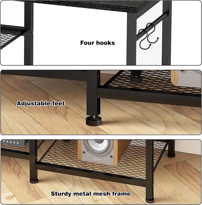YGEOMER Black Entertainment Stand for Up to 50 Inch TVs, Tv Stand with Outlet Led Lights Open Storage Shelves, TV Consoles for Living Room, Bedroom