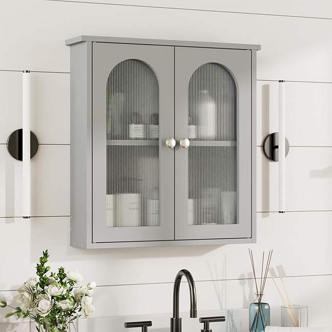 Bathroom Wall Cabinet,Medicine Cabinets Wall Mounted with Arched,Bathroom Medicine Cabinet Over Toilet,Surface Mount Medicine Cabinet for Laundry Room,Kitchen,Grey Storage Cabinet 22x23