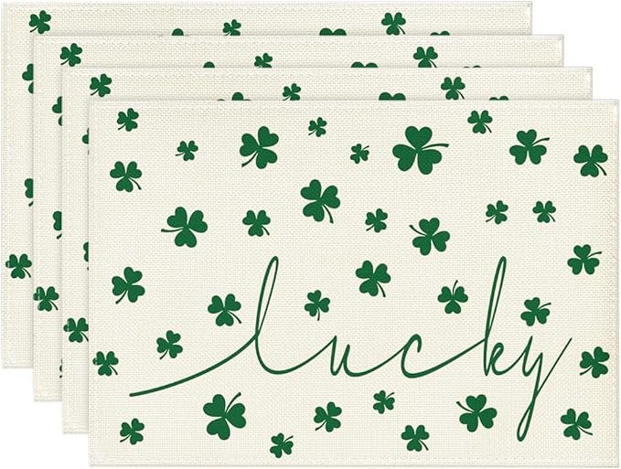Artoid Mode Beige Lucky Shamrock St. Patrick's Day Placemats Set of 4, 12x18 Inch Seasonal Holiday Table Mats for Party Kitchen Dining Decoration