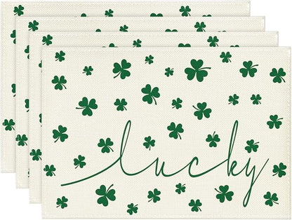 Artoid Mode Beige Lucky Shamrock St. Patrick's Day Placemats Set of 4, 12x18 Inch Seasonal Holiday Table Mats for Party Kitchen Dining Decoration