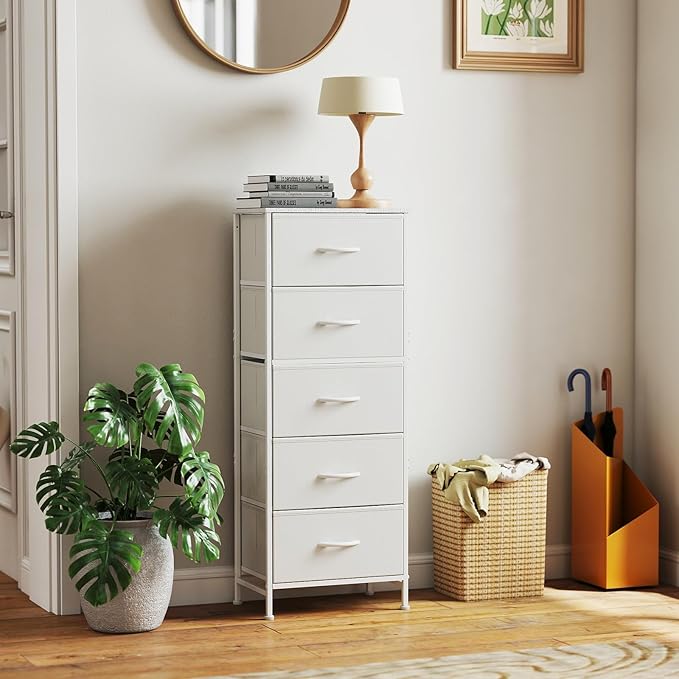 Sweetcrispy 5 Drawer Dresser with Fabric Bins Steel Frame Wood top Storage Chest for Bedroom Closet Hallway White Compact Organizer Durable Home Storage Solution