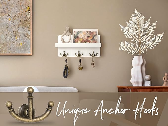 Rebee Vision Key Holder for Wall with Shelf: Elegant Farmhouse Mail Organizer with Decorative Floating Shelf and 3 Anchor Key Hooks for Wall - Retro Key Hangers for Entryway Decor (Rustic White)
