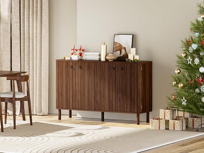 Fluted Sideboard Cabinet, Modern Buffet Cabinet, Storage Cabinet with Adjustable Shelves & Solid Wood Legs, Accent Credenza Sideboard for Kitchen, Coffee Bar, Living Room, Entryway, Hallway