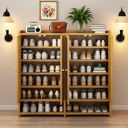 Bamboo Shoe Cabinet with Doors, 8-Tier Shoe Rack for Closet, 38-41 Pairs Freestanding Shoe Storage Cabinet for Hallway Living Room (Brown-03)