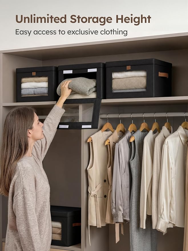 Homsorout Medium Fabric Storage Bins - Closet Shelf Organizer with Open Window, 6 Pack Closet Baskets for Shelves, Stackable Decorative Boxes for Home, Dorm, Black, 13.7" x 9.8” x 9.8"