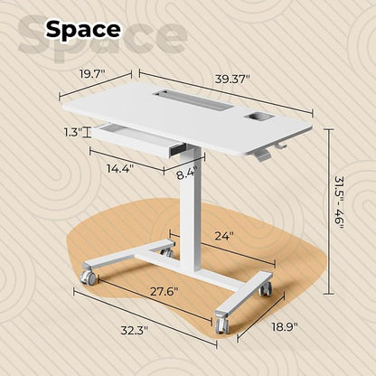Mobile Standing Desk with Drawer, 40" Small Standing Desk with Cup Holder, Rolling Laptop Workstaion on Wheels, Height Adjustable Table with Storage for Home Office, White