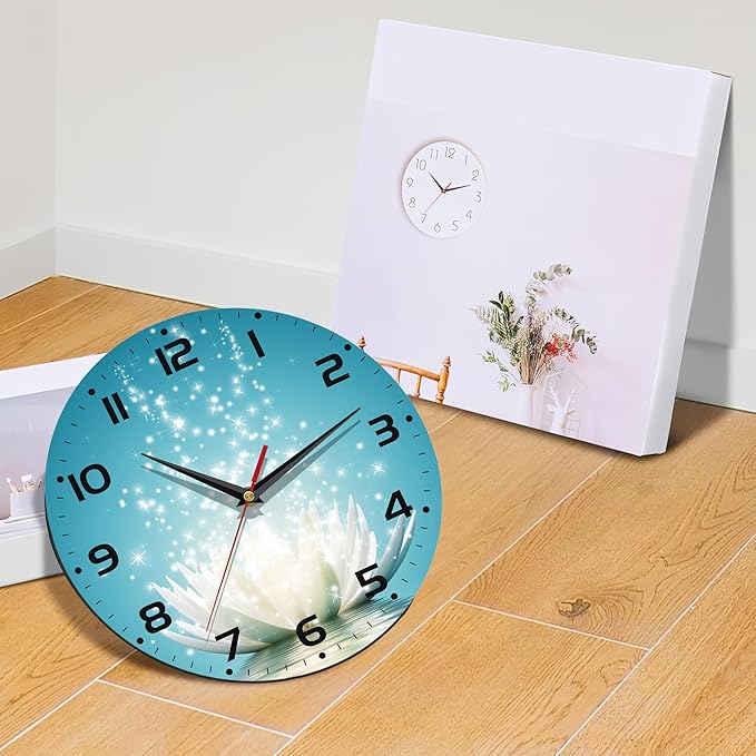 Magic Lotus Flower Vintage Wooden Silent Non-Ticking Battery Operated Arabic Numerals Wall Clock - Decorative for Kitchen, Office, Classroom - 10 Inch