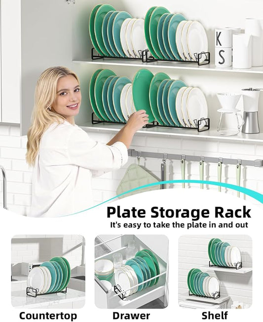 Plate Organizer for Cabinet (2-Pack),Kitchen Dish Rack Organizer for Cabinet Countertop Drawer Space Saver，8 Slots Vertical Plate Holder Storage Rack, Housewarming Kitchen Gifts for Women (Black)