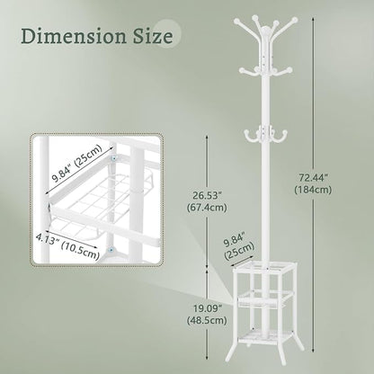 FAVOOSTY Coat Rack Freestanding,Coat Rack Stand with Umbrella Holder,Metal Coat Tree with 12 Hooks,Tree Clothes Hat for Entryway, Hallway, Bedroom, Living Room & Office -White