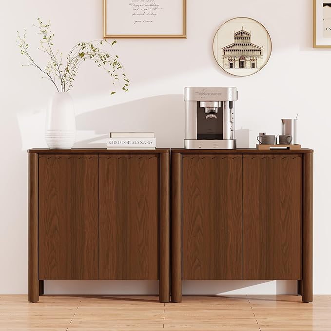 Buffet Cabinet with Storage, Accent Sideboard Cabinet with Adjustable Shelves, Solid Wood Freestanding Storage Cabinet for Living Room Dining Room Entry Kitchen, Walnut