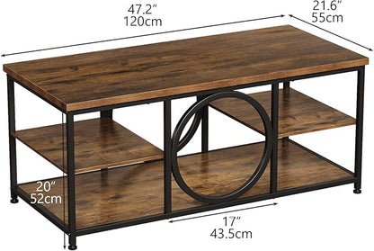 Coffee Table for Living Room 47" Center Table with Round Middle Design 3-Tier Farmhouse Style Rustic Wood Coffee Table with Storage Open Shelf Space Saving Easy Assembly