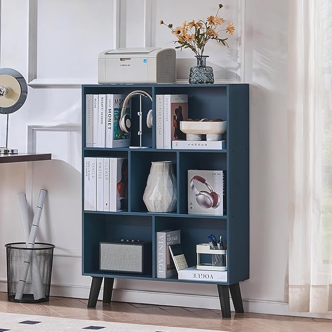 LEYAOYAO Cube Bookshelf 3 Tier Mid-Century Rustic Dark Blue Modern Bookcase with Legs,Retro Wood Bookshelves Storage Organizer Shelf,Freestanding Open Book Shelves for Bedroom,Living Room,Office