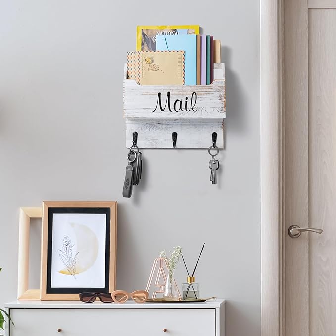 DRASTAR Mail Organizer Wall Mounted, Wooden Mail & Key Holder for Wall, Hanging Mail Organizer, Retro White Mail Basket for Home Office