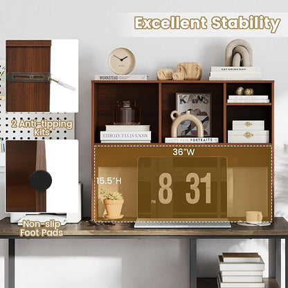 Desk Hutch, Desktop Shelf with 4 Shelves, Desk Bookshelf w/Anti-Toppling Devices, Wood Table Top Bookshelf Organizer, Small Desk Shelf for Study, Office, Dorm (Walnut, 4 Shelves)