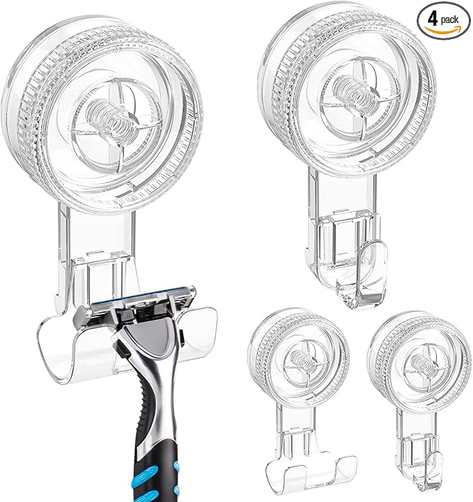 LUXEAR Suction Hooks,4 Pack 2razor Hooks 2 Single Hook Clear Removable & Reusable Vacuum Suction Hanger Waterproof Powerful Weather Hanger Hook for Towel Bathrobe Loofah Bathroom Kitchen Storage