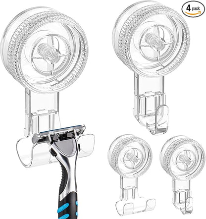 LUXEAR Suction Hooks,4 Pack 2razor Hooks 2 Single Hook Clear Removable & Reusable Vacuum Suction Hanger Waterproof Powerful Weather Hanger Hook for Towel Bathrobe Loofah Bathroom Kitchen Storage