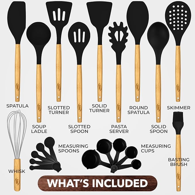 Kaluns Silicone Kitchen Utensils Set, Premium Non Stick Cooking Utensils Set - 21 Pcs Wooden Handle Silicone Spatula Set 446°F Heat Resistant - Kitchen Gadgets Home Essentials