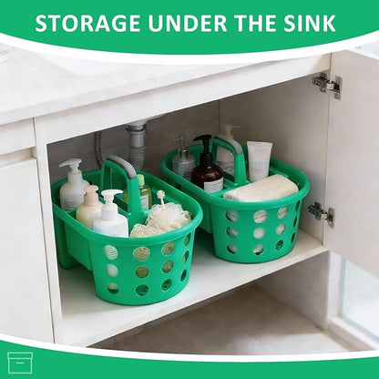 Large Shower Caddy Portable 2PC - Made in USA Plastic Jumbo Size Dorm Storage Candy Tote with Handle Shower Organizer for Bathroom, Pantry, Kitchen, College Dorm, Green