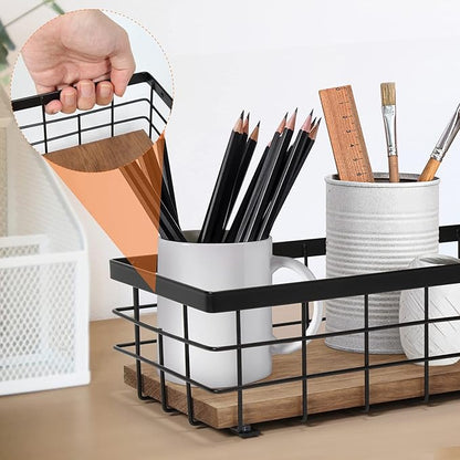 TJ.MOREE 2-Pack Small Metal Wire Basket, Decorative Wood Base Organizer for Bathroom, Kitchen, Basket for Toilet Paper Storage, Sugar Packet, Coffee Syrup, Guest Towel, Napkin