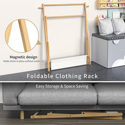 Kids Clothing Rack, Small Clothes Rack for Toddler Pets, Kids Dress Up Rack with Storage Shelf & Double Rods, Foldable Kids Clothes Rack for Nursery Child's Room (Regular Size)