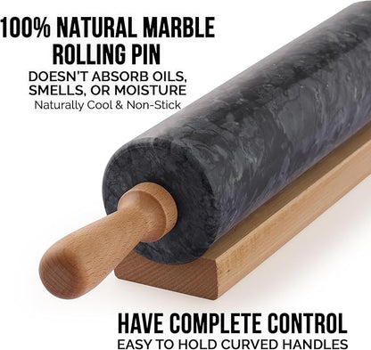Zulay Kitchen 17-Inch Marble Rolling Pin With Stand - Polished Marble Rolling Pins For Baking - Long Rolling Pin Marble With Beechwood Handle - Non-stick Roller Pin For Baking Pastries, Bread & Pizza