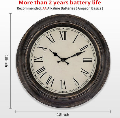Foxtop Large Bronze Wall Clock 18 Inch Silent Non Ticking Battery Operated Classic Vintage Retro Wall Clock Decorative for Living Room Kitchen Home Office (Roman Numerals)
