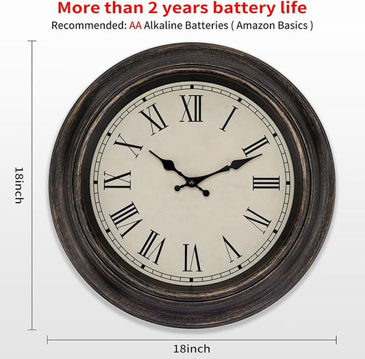 Foxtop Large Bronze Wall Clock 18 Inch Silent Non Ticking Battery Operated Classic Vintage Retro Wall Clock Decorative for Living Room Kitchen Home Office (Roman Numerals)