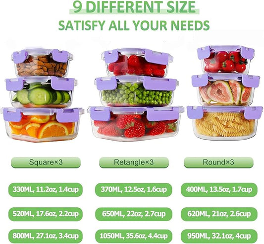 HOMBERKING Glass Food Storage Containers with Lids, 18 Piece Meal Prep Containers, Airtight Lunch Bento Boxes, BPA-Free & Leak Proof (9 Lids & 9 Containers) - Purple