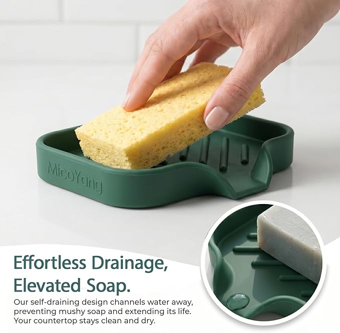 MicoYang Silicone Soap Dish with Drain Spout, Self-Draining Sink Organizer Tray for Bathroom and Kitchen, Sponges, Dispensers and Soap Holder, Non-Slip and Dishwasher Safe, Green (Compact, 4.9"×3.2")