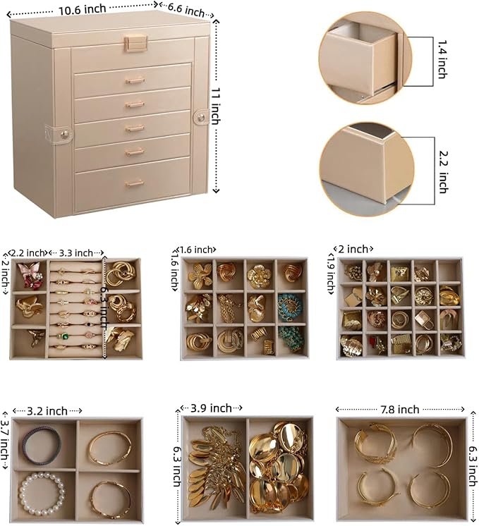 BOOVO Jewelry Box For women, 6 Layer Large Jewelry Organizer With Mirror, Multi-Function Storage Box With Lock, Necklace Holder With 5 Drawers, For Earrings Necklace Bracelet (Champagne Gold)