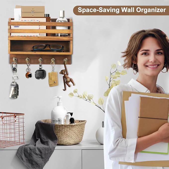 Mail and Key Organizer for Wall – Key Holder Wall Mount with Storage Box and 5 Key Hooks, Mail Holder Wall Mounted for Entryway, Apartment, Office, Home Decor Organization (Brown)