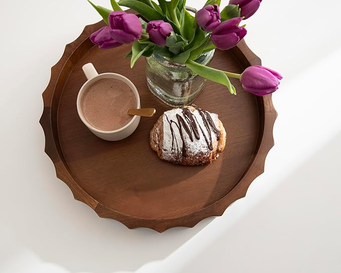 Kate and Laurel Lissi Decorative Round Tray with Wavy Design, 15 Inch Diameter, Walnut Brown, Mid-Century Modern Scalloped Circle Serving Tray for Coffee Table, Ottoman, or Entryway Decor