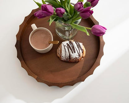 Kate and Laurel Lissi Decorative Round Tray with Wavy Design, 15 Inch Diameter, Walnut Brown, Mid-Century Modern Scalloped Circle Serving Tray for Coffee Table, Ottoman, or Entryway Decor