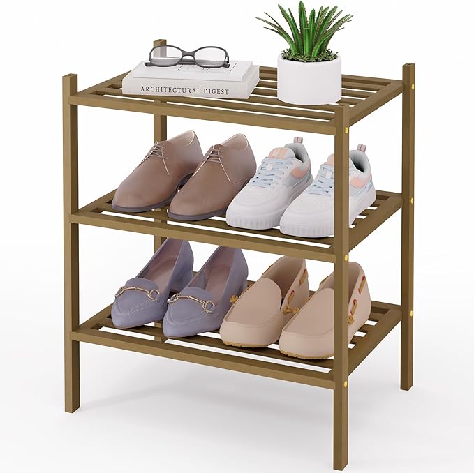 Smiry Small Bamboo Shoe Rack 3-Tier, Stackable Wooden Shoe Organizer for Entryway & Closet, Free Standing Wood Shoe Storage Shelf for Front Door & Small Spaces, Walnut