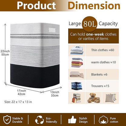 Laundry Hamper, Large Woven Rope Tall Laundry Basket with Handles, 22" X 17" X 13", Decorative Storage Basket for Clothes and Blankets in Living room, Bedroom, Black& White