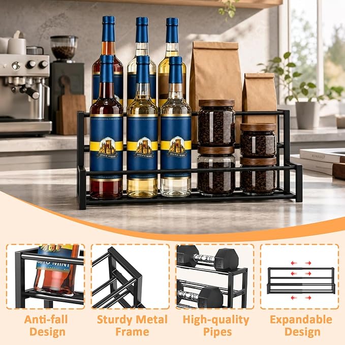 Expandable Coffee Syrup Organizer, 6-12 Bottles Syrup Rack, Coffee Bar Organizer, Adjustable Width for Coffee Bar Storage Shelves for Syrup, Wine, Dressing