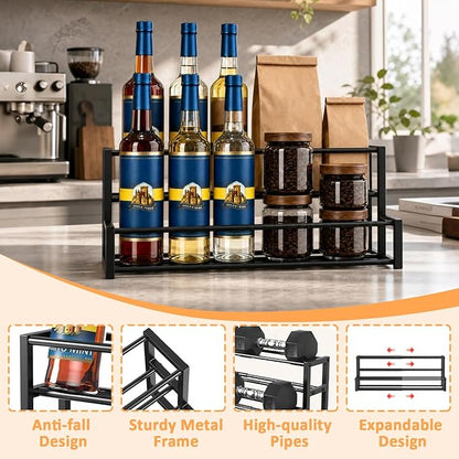 Expandable Coffee Syrup Organizer, 6-12 Bottles Syrup Rack, Coffee Bar Organizer, Adjustable Width for Coffee Bar Storage Shelves for Syrup, Wine, Dressing