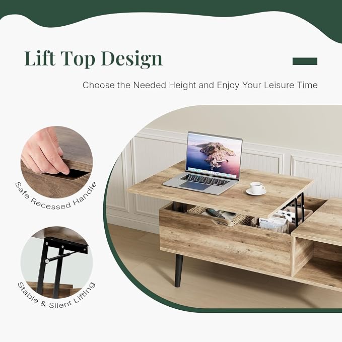 Wood Lift Top Coffee Table with Hidden Storage Compartment & Open Shelf, Multi-Functional Wooden Tabletop Dining Table for Living Room, Home Small Space