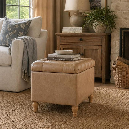 Spatial Order Home Decor | Upholstered Button Tufted Storage Ottoman | Hinged Lid Ottoman with Storage for Living Room & Bedroom | Decorative Home Furniture (Sand Faux Leather)