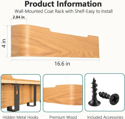 Coat Rack Wall Mount with Hidden Hooks Modern Key Holder Wood Entryway Hook with Shelf for Bedroom Kitchen Hallway Bathroom Designed for Hanging Coats Hats Bags Towels Dog Leashe(Oak,4 Hooks)