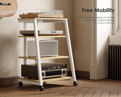 FITUEYES 4-Tier AV Media Stand Corner Shelf Stand Wooden Corner Shelves Component Cabinet Stereo Rack Audio Tower with Height Adjustable Wooden Shelves for ps4 (White Oak)