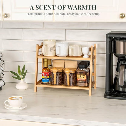 ANBOXIT Rattan-Look Matcha Station Organizer, Countertop Bamboo Tea & Coffee Accessories Station Organizer, 2 Tier Mug Holder Display Stand for Kitchen Condiment, Home, Office