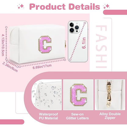 Small Initial Patch Makeup Bag Personalized Gifts Make Up Bag,White Cute PU Leather Glitter Letter Cosmetic Bag with Zipper,Trendy Portable Travel Toiletry Pouch,Preppy Stuff for Teen Girls Women C