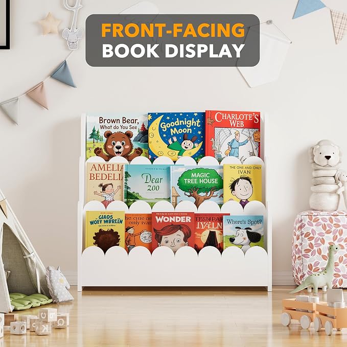 SpaceAid 3-Tier Scalloped Bookshelf, Montessori Bookcase for Toddlers, Wooden Book Shelf Organizer Display Furniture for Kids Rooms, Playroom, Nursery and Classroom, White