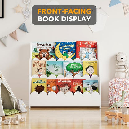 SpaceAid 3-Tier Scalloped Bookshelf, Montessori Bookcase for Toddlers, Wooden Book Shelf Organizer Display Furniture for Kids Rooms, Playroom, Nursery and Classroom, White