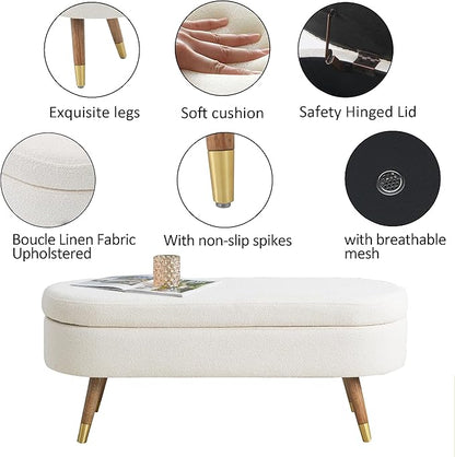 IAFIKE Oval Storage Bench 43.5" Ottoman Bench Upholstered Boucle Fabric Footrest Bench with Golden Metal Legs End of Bed for Bedroom, Living Room, Entryway,Bed Side (Ivory)